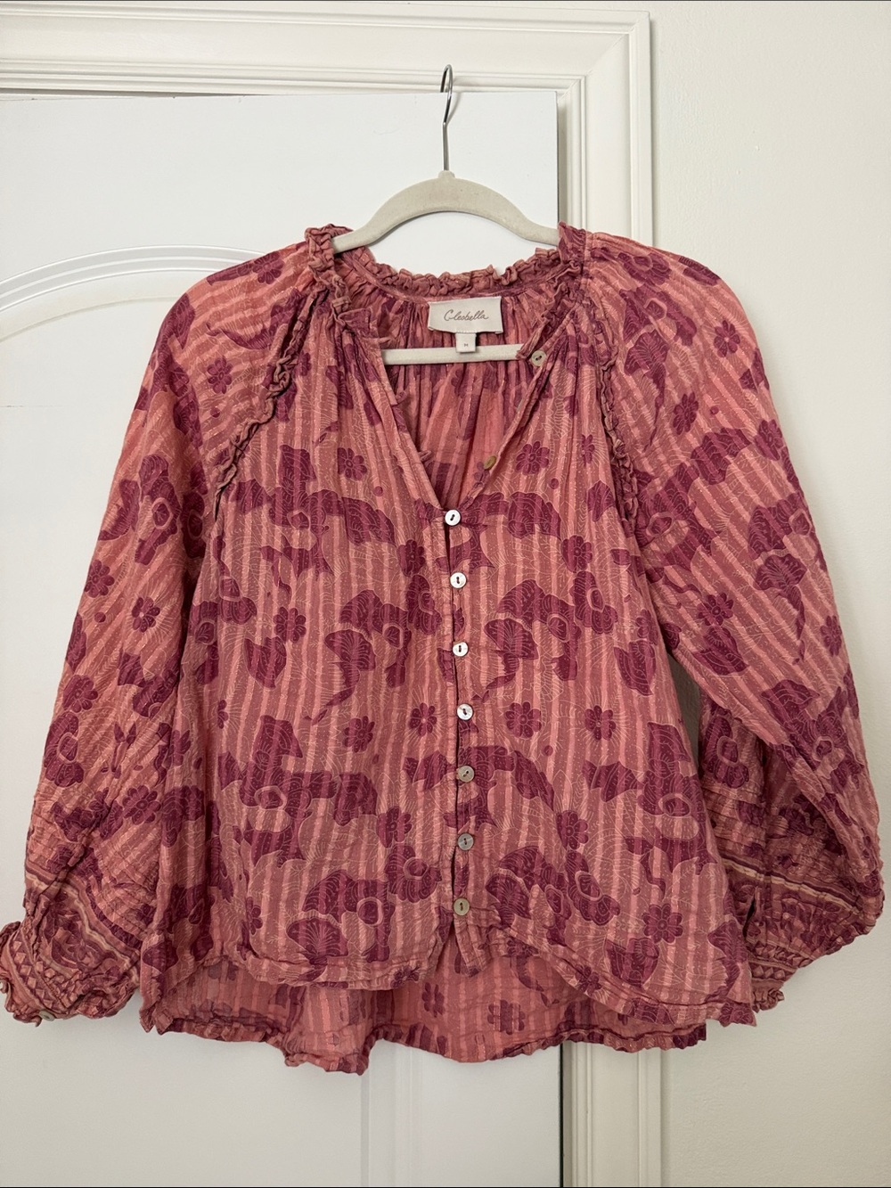 Cleobella Rose-Pink Floral Button Front Peasant Top